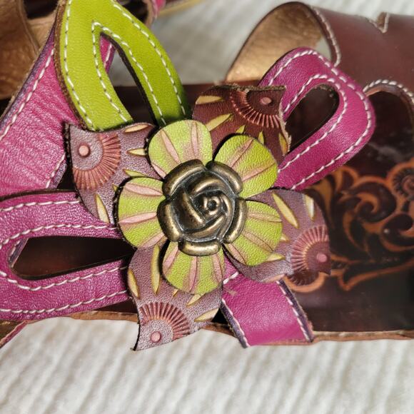 L'Artiste Womens EU 42 US 10 Tooled Leather Sandals Floral Pink Brown Green - Picture 5 of 10